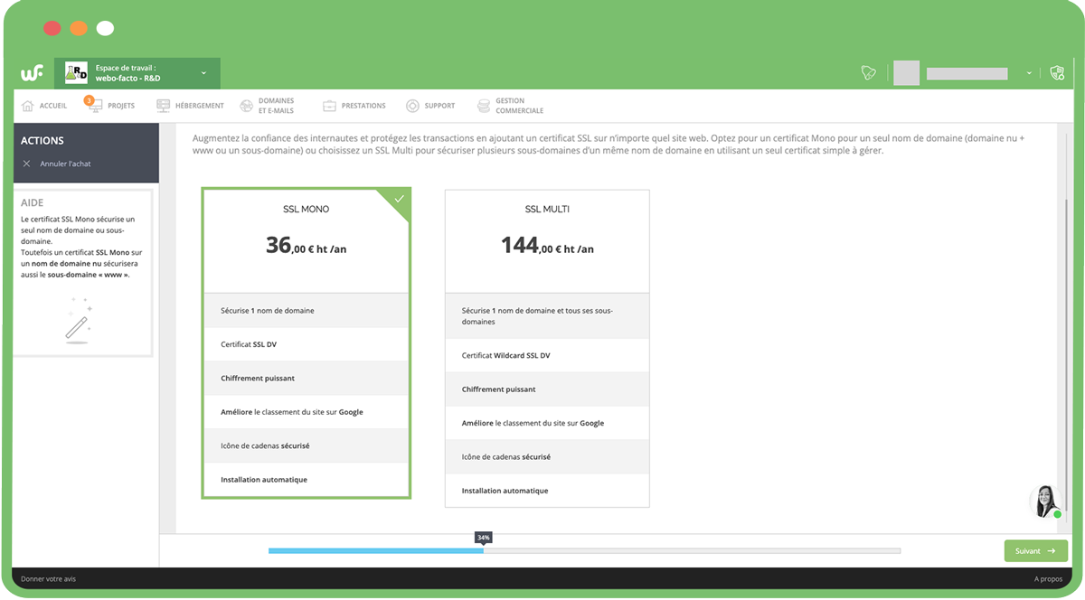 Choisir mon certificat SSL offert